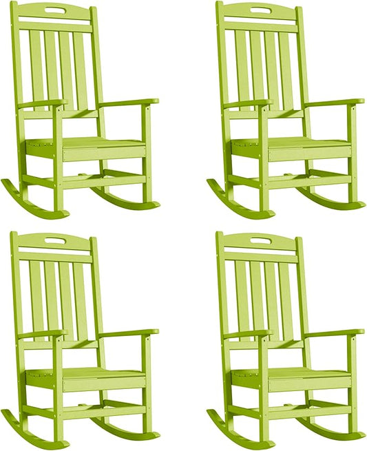 Outdoor Rocking Chair Set of 4, High Back Plastic Patio Rocking Chairs for Outside Porch Rocker Garden Lawn, All-Weather Resistant Poly Lumber Rocker Chair Outdoor, Lime