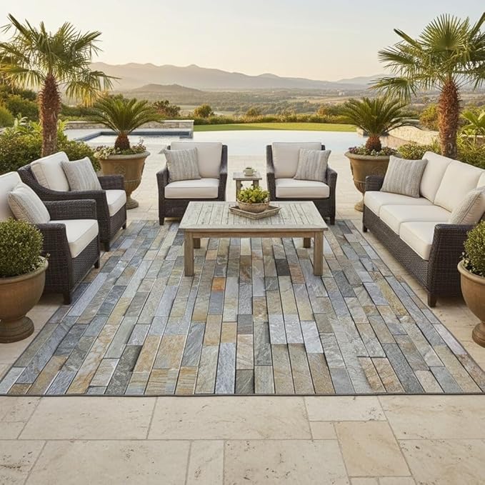 3D Visual Beige Brown Gray Stone Brick Outdoor Rug 8x10 Modern Abstract Wall Tiles Print Waterproof Outdoor Rug for Courtyard Pool Patio Deck Garden Balcony Porch Rustic Non Skid Thin Outside Mat
