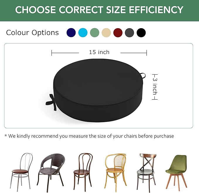Outdoor Bistro Chair Cushions Set of 4, 15" D x 3" H Round Chair Cushions Waterproof and Fade Resistant Chair Cushion Pads with Non-Slip Ties and Removable Covers for Garden, Black