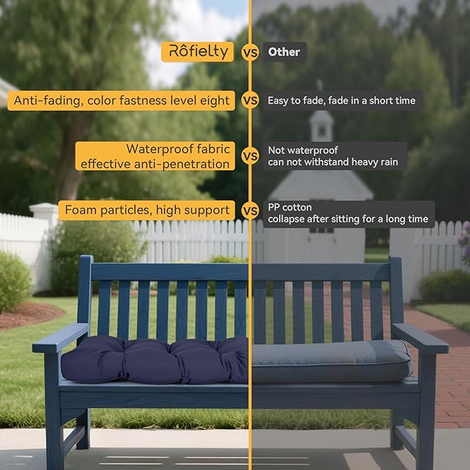 ROFIELTY Outdoor Bench Cushion, Waterproof/Sun-Proof Fabric, Tufted Bench Cushion with 2 Ties, Suitable for Outdoor Garden Bench/Swing/Indoor Furniture (Navy Blue, 45×18×4)