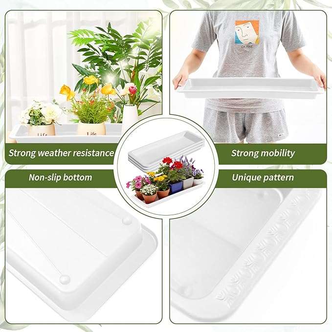 4 Pack White 24 x 8 x 1.6 Inch Rectangle Plant Saucer Large Plastic Plant Tray Water Drip Trays for Windowsill Flower Pot Planter Drainage Germination Garden Indoor Outdoor Use