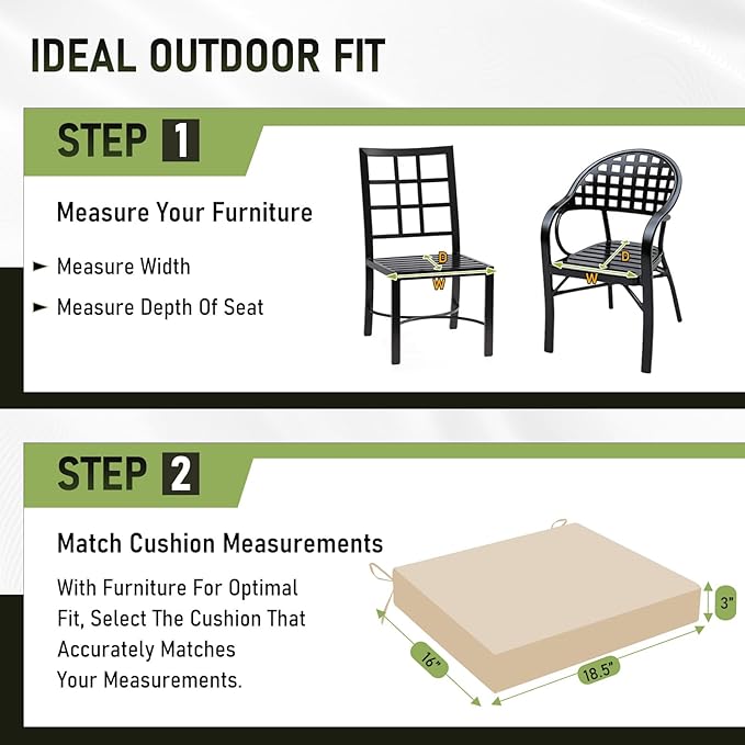 Basic Beyond Outdoor Chair Cushions Set of 6, Square Corner Outdoor Cushions for Patio Furniture, Water Resistant Patio Chair Cushions with 2 Ties, 18.5x16x3, Beige