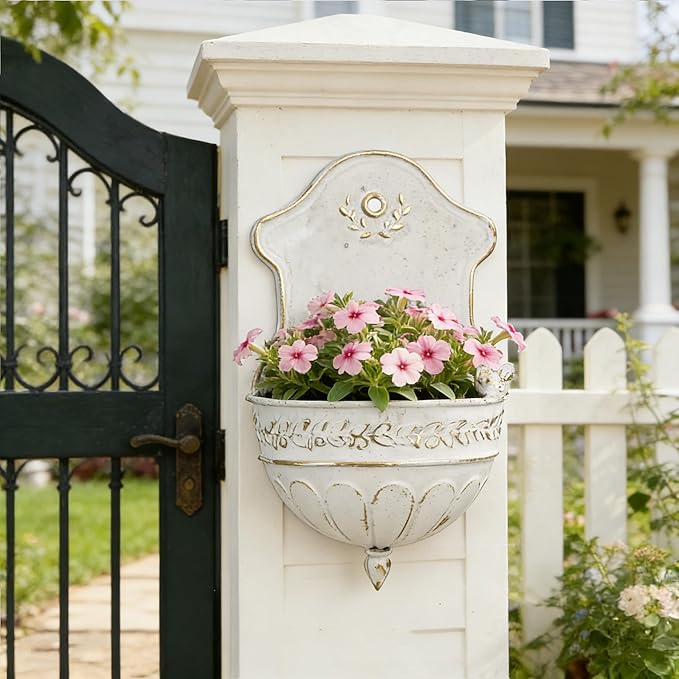Vintage Distressed White Metal Wall Planter, Rustic Hanging Pocket Planter with Scrollwork & Scalloped Design, Farmhouse Wall Decor for Indoor & Covered Outdoor Garden, Porch & Entryway