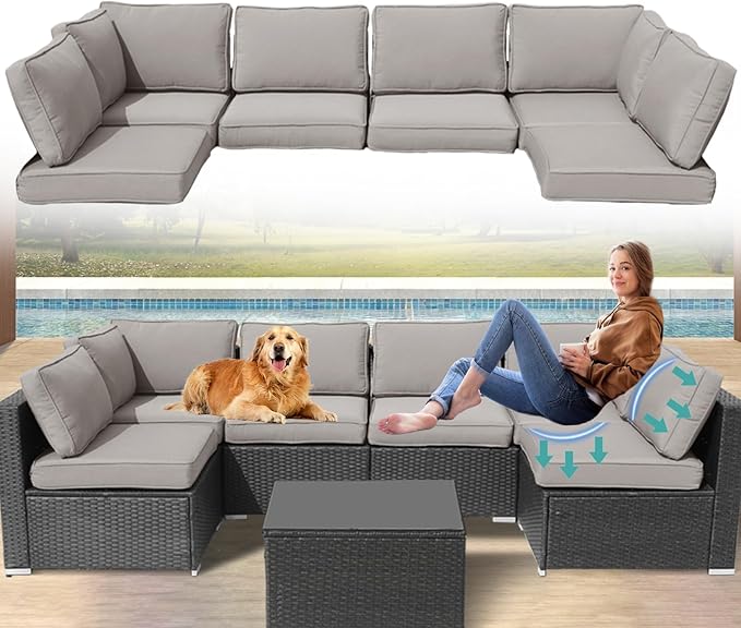 Patio Furniture Cushions,14Pieces Water-Resistant Outdoor Replacement Cushions,Sectional Sofa Cushions for Fits 6-Seats Rattan Wicker Patio Conversation Sets