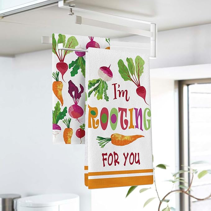 Vegetable Theme Kitchen Dish Towels Set of 2, I'm Rooting for You Fresh Radish Carrot Drying Hand Towel Baking Cooking Cloth, Funny Farmhouse Garden Home Decoration 18'' x 26''