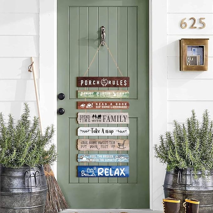 HLNIUC Porch Rules Wall Decor,Relax Sign Wooden Plaques,Inspirational Hanging kits,Family Positive Sayings Wooden Wall Art set of 8(19x12inch) Farmhouse Decor For Garden Yard Porch Home Decor
