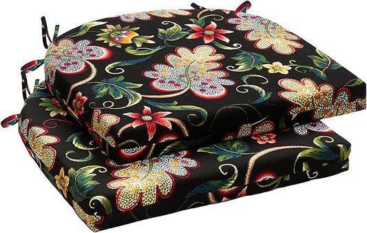 Wellsin Outdoor Chair Cushions for Patio Furniture - Patio Chair Cushions Set of 2 - Water Resistant Round Corner Outdoor Seat Cushions 17"X16"X2", Flower Black