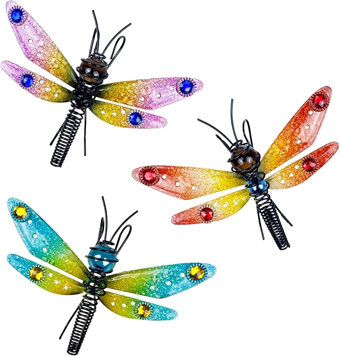3-Piece Dragonfly Pot Decor - Iron and Glass Painted Hanging Dragonfly Ornament, Plant Pot Hanging Decoration, Outdoor Garden Decor