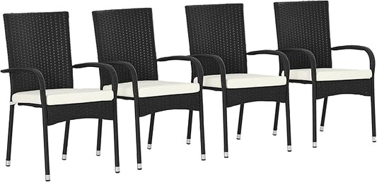 Outsunny Stackable PE Rattan Outdoor Dining Chairs with Cushions, Set of 4 Patio Wicker Dining Chairs with Armrests and Backrest for Patio, Deck, Cream White