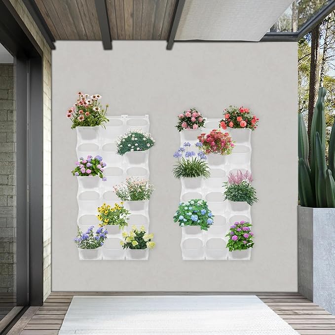 2 PCS Self-Watering Wall Planter, Wall-Mounted Vertical Garden Planter with 36 Pots for Indoor Outdoor Flowers Vegetables Herbs (White)