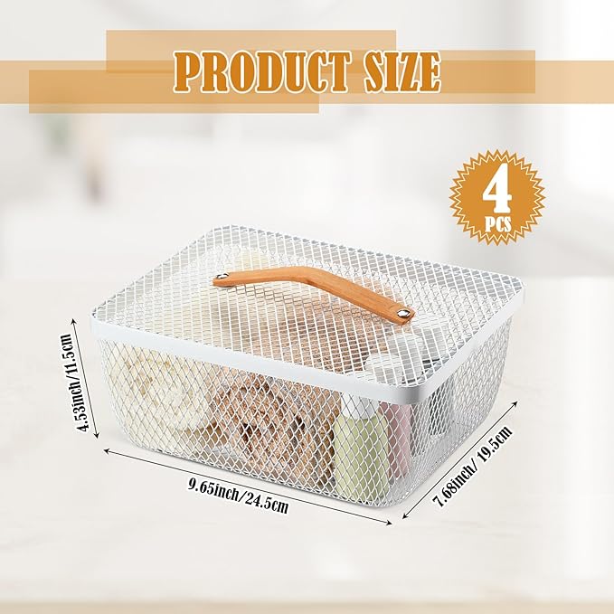 Tandefio 4 Pcs Metal Mesh Basket with Lid and Wooden Handle 9.65 x 7.68 Inch Wire Storage Basket Garden Baskets Organizer Containers for Vegetable Fruit Picnic Kitchen Bathroom (White)