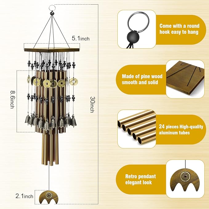 Wind Chimes for Outside, 30"Memorial Wind Chimes with 24 Copper Tubes and 16 Copper Bell for Garden,Patio,Window Wind Chime Hanging Decoration,Bronze Memorial Sympathy Wind Chime Gifts for Mom
