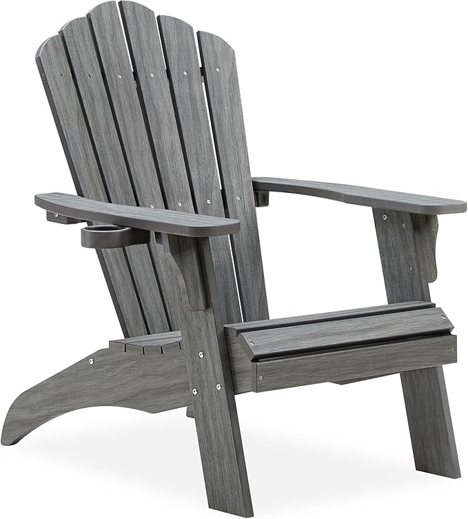 Psilvam Oversized Adirondack Chair, Fade-Resistant & Odor-Free Poly Lumber Fire Pit Chairs with Cup Holder, Weatherproof Outdoor Chair, Easy 15 Min Install Patio Chair, 350 Lbs Support (1, Gray)
