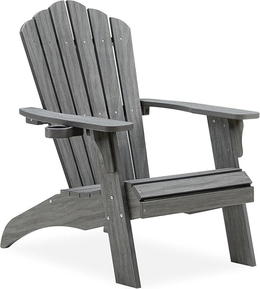 Psilvam Oversized Adirondack Chair, Fade-Resistant & Odor-Free Poly Lumber Fire Pit Chairs with Cup Holder, Weatherproof Outdoor Chair, Easy 15 Min Install Patio Chair, 350 Lbs Support (1, Gray)