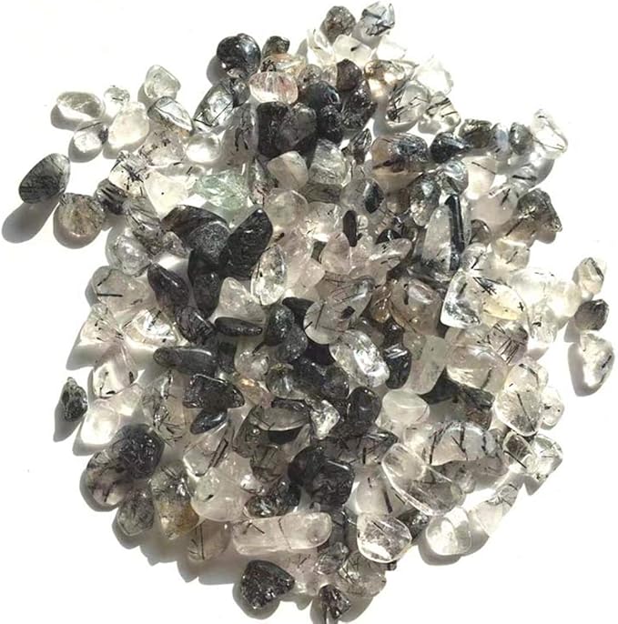 IMALY Black Rutilated Quartz Tumbled Chips Stone Polished Crushed Healing Crystal Quartz Pieces Irregular Shaped Stones for Home Decorative Stones Vases Plants Succulents 0.5lb