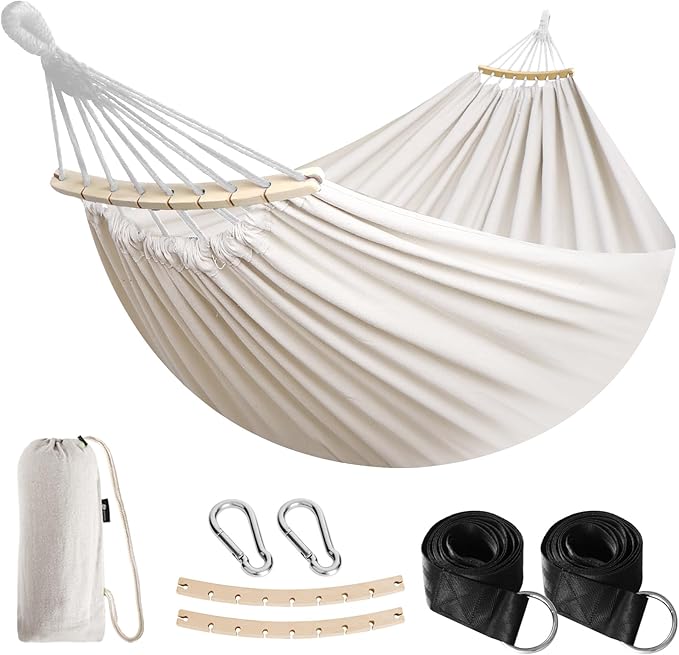 Anyoo Garden Cotton Hammock Comfortable Fabric Hammock with Spreader Bar Sturdy Hammocks Up to 450lbs Portable Lightweight Hammocks with Travel Bag for Camping Outdoor/Indoor Patio Backyard