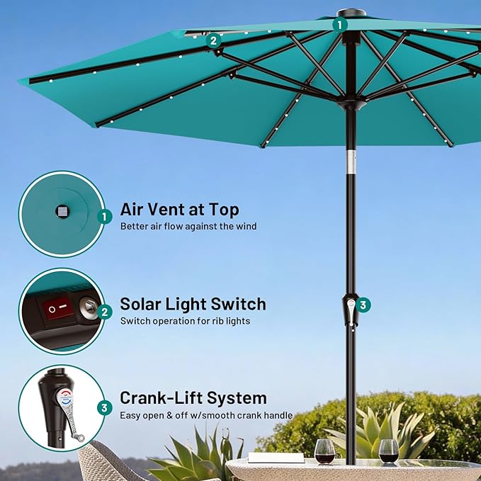 AreShark 9FT Patio Umbrella with Solar Lights, 32 LED Lighted Pool Umbrella w/Tilt and Crank, Outdoor Market Solar Umbrellas for Garden, Deck, Backyard, Pool and Beach, Lake Blue