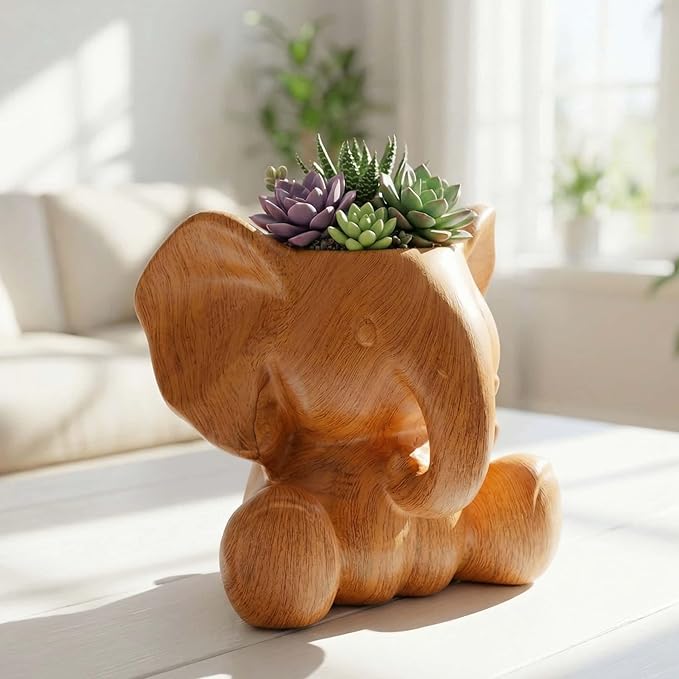 Small Plant Container | Unique Resin Flower Pot Sculpture | Succulent Flower Pot | White Elephant Gifts for Women | Perfect Plant & Elephant Gifts | Indoor & Outdoor Use (Wood Grain)