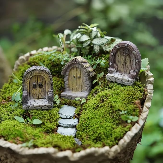 Fairy Door.Miniatue Fairy Tiny Circular Arch Door Figurines.Fairy Garden Supplies.Terrarium/Aquarium Accessories.DIY Miniature Garden.A Door and 3Pcs Steppings. (Barrel Hobbit Door)