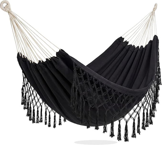 PNAEUT Double Hammocks for Outside, Replacement Outdoor Tree Hammock for Indoor Patio Porch Garden (Tassel Black, Medium)