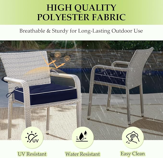 HARBOREST Outdoor Chair Cushions Set of 2, Tufted Patio Chair Cushions with Ties, Square Corner Outdoor Cushions for Patio Furniture, Lawn Chairs, Wicker Chairs, 19" x 19" x 5", Navy
