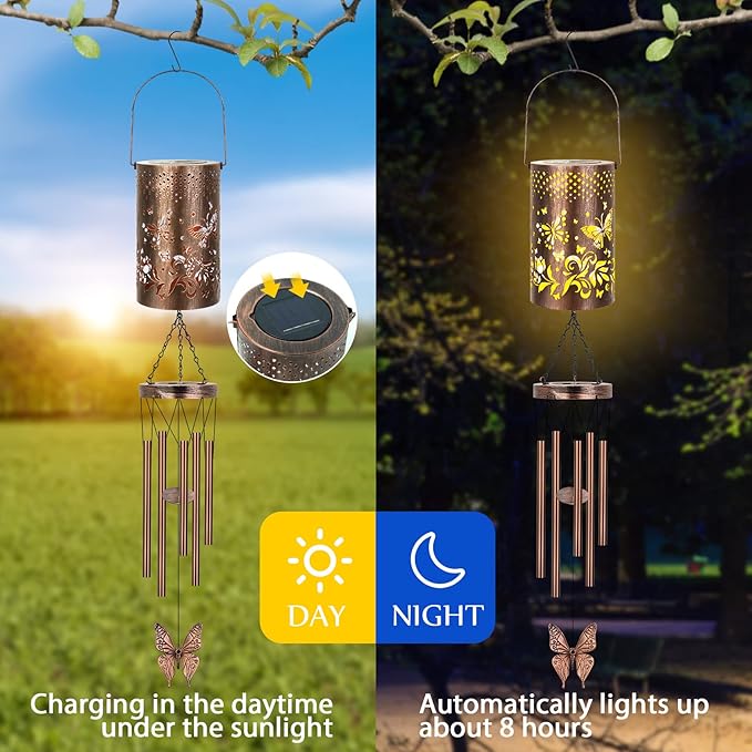 Solar Wind Chimes for Outside for Women Mom, Hanging Solar Lantern Memorial Wind Chimes, Butterfly Gifts Windchimes for Outdoors Christmas Garden Decor