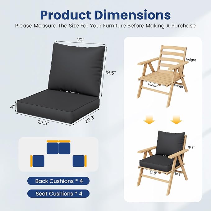 UDPATIO Outdoor Cushions for Patio Furniture, 4'' Replacement Cushions for Outdoor Furniture, Set of 8 Water-Resistant Outdoor Sectional Cushions for Sofa Couch Chair (Black)