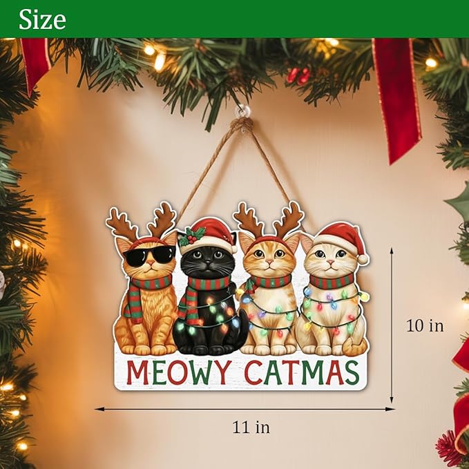Christmas Cat Gifts Door Hanger for Cat Lover, Meowy Catmas Door Decoration Sign