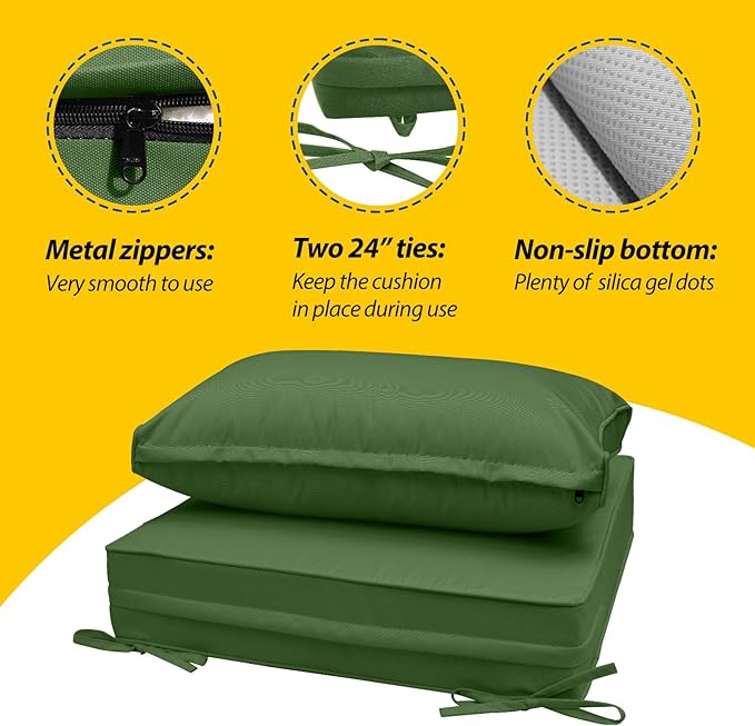 AAAAAcessories Outdoor Deep Seat Cushions, Waterproof, Fade-Resistant Patio Furniture Replacement Cushions, 23.5" x 25.5" x 5" + 23.5" x 13.5", Set of 2, Dark Moss Green