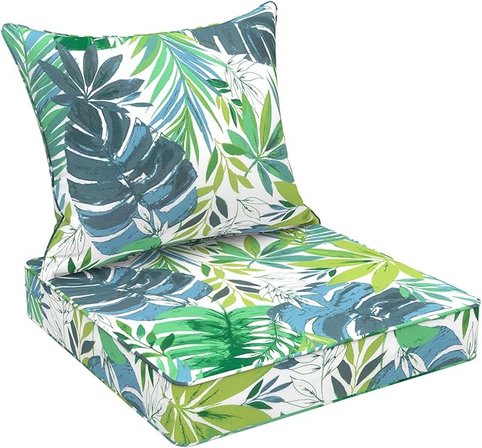 Outdoor Deep Seat Cushion Set, Water Repellent 22"x22" Patio Thick Cushions Replacement with Seat & Back Pillow for Patio Sofa, Wicker Chair, Couch - Islamorada Blue Green