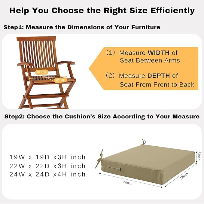 idee-home Outdoor Chair Cushions Set of 2, Waterproof Outdoor Seat Cushions for Patio Furniture, Outside Replacement Chair Pad with Ties for Lawn Deck Porch, 22 x 22