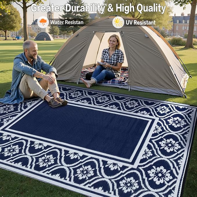 HUGEAR Outdoor Patio Rug 5'x8' Waterproof Outside Area Rugs Blue Reversible Plastic Straw Carpet for RV Deck Camping Entryance Porch Picnic Balcony Beach