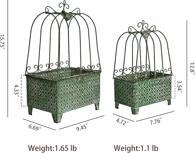2-Piece Vintage Green Metal Birdcage Planter Set, Decorative Flower Pots with Ornate Design for Indoor Outdoor Garden Decor, Distressed Planters (Green)