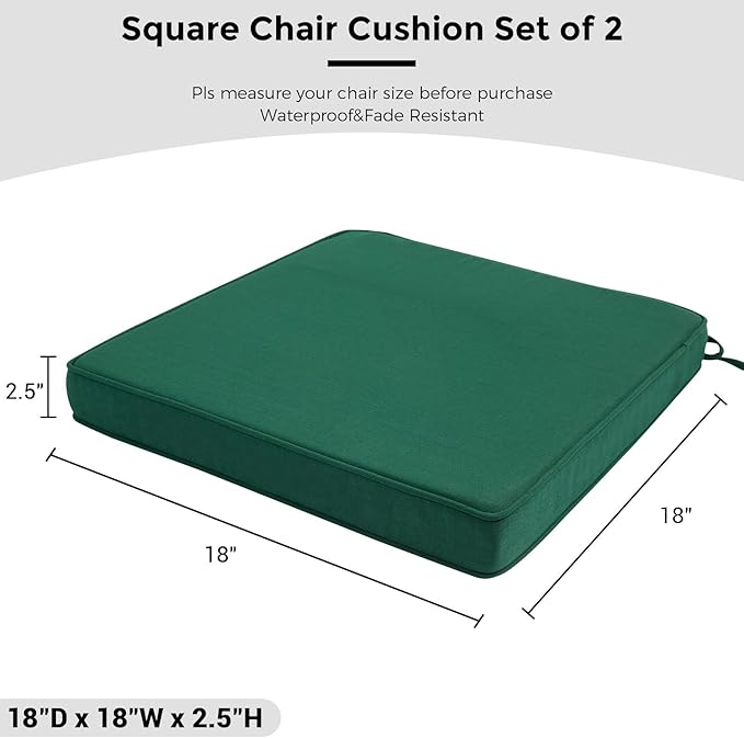 FUNHOME Outdoor Chair Cushions 18x18 Inch,Set of 2,Water Resistant Chair Pads with Ties,Square Seat Cushion 18"x18"x2.5",Patio Chair Cushion for Garden,Backyard Furniture(Blackish Green)
