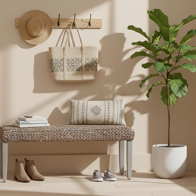 Farmhouse Indoor Solid Wood Acacia Benc with Natural Woven Benches Seat, Boho Bench Entryway, Wooden Bench for Bedroom End of Bed or Living Room or Vintage Entryway Bench Seat (Grey, Water Hyacinth)
