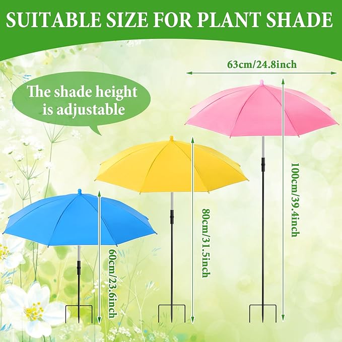 3 Pack Plant Umbrellas for Outdoor Plants - Adjustable Height Garden Umbrella Shade for Potted Plants Garden Beds Flower Pot, Provide Shade to ‌Defend Plants from Blazing Sun, Upgraded Larger Size