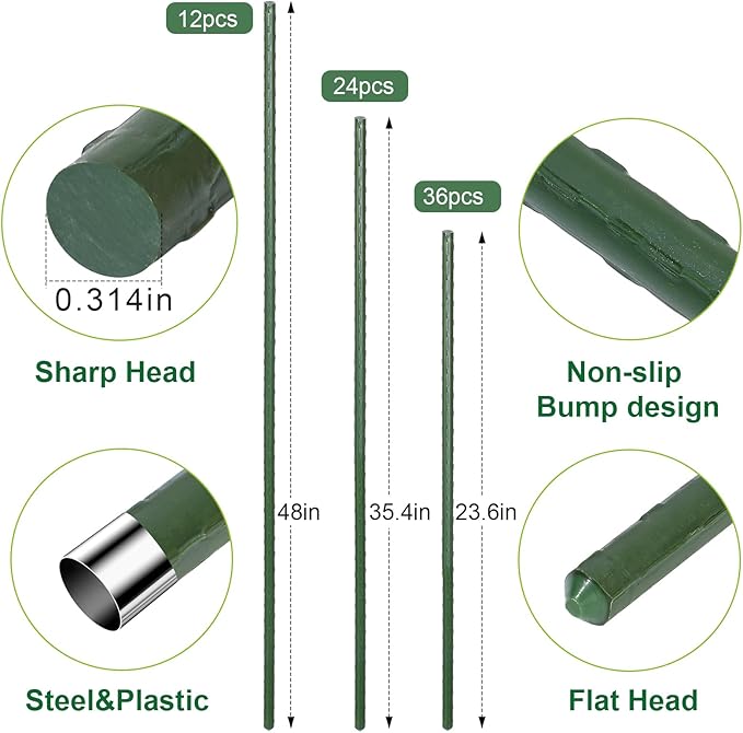 Tool Garden Stakes Kit Sturdy Green Plant Sticks Supports with Plastic Coat Plant Climbing Frame with Tie Set for Vegetable Tomato Outdoor Gardening Supplies(Green,2ft, 3ft, 4ft)