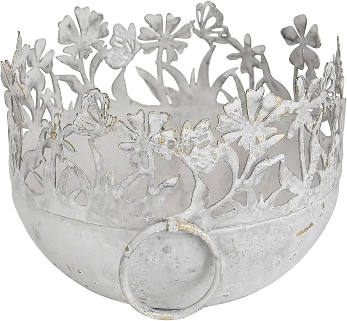 3-Piece Vintage Metal Floral Cutout Planter Set, Rustic Garden Flower Pots for Indoor Outdoor Decor, Distressed Bronze Planters with Handles