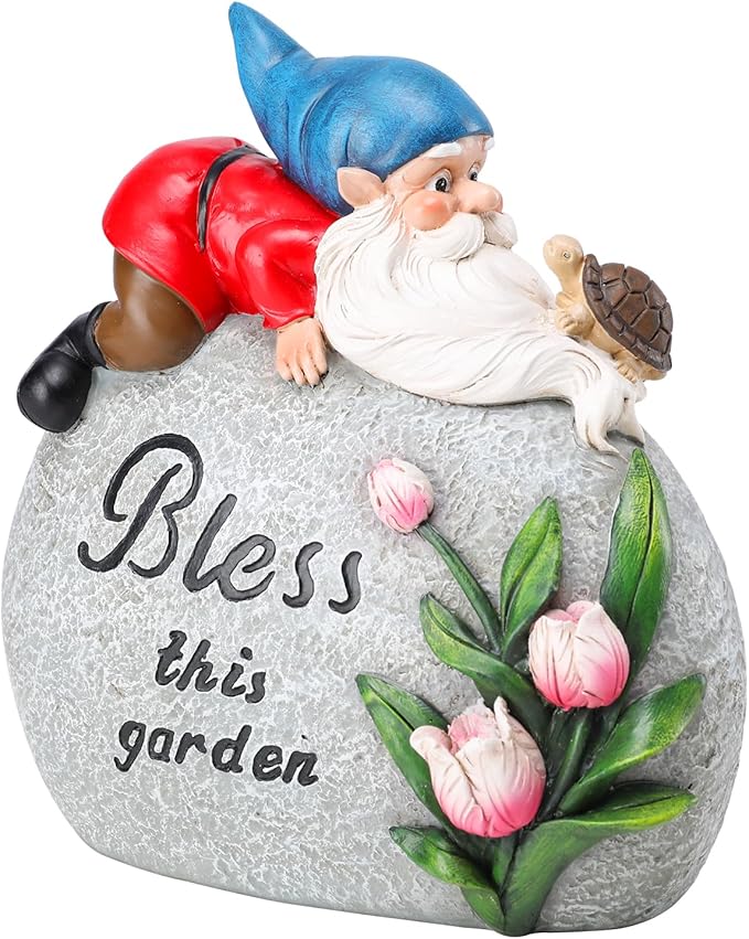 Garden Stones Statues Outdoor Decor, Novelty Gnome Garden Sculptures Stones Statue with Flower and Turtle Figurine Decoration for Patio Yard Porch Art Home Decor