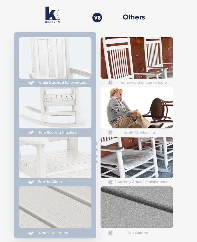 KINGYES Outdoor Rocking Chair Set of 4, All-Weather Patio Rocking Chairs for Porch, HDPE Rocking Outdoor Chairs with High Back for Adult, Heavy Duty Outdoor Patio Rockers for Garden, Lawn, White