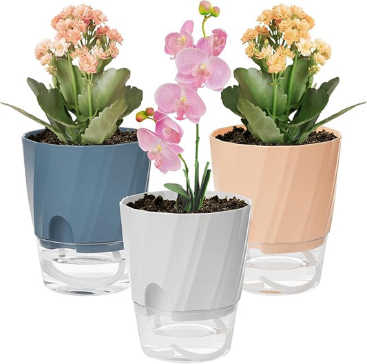 KIMCHOMERSE Self Watering Plant Pots, 4.7 Inch Plant Pots 3 Pack Indoor Planter Pots with Drainage Holes and Tray for Home Decor（White, Pink, Blue）