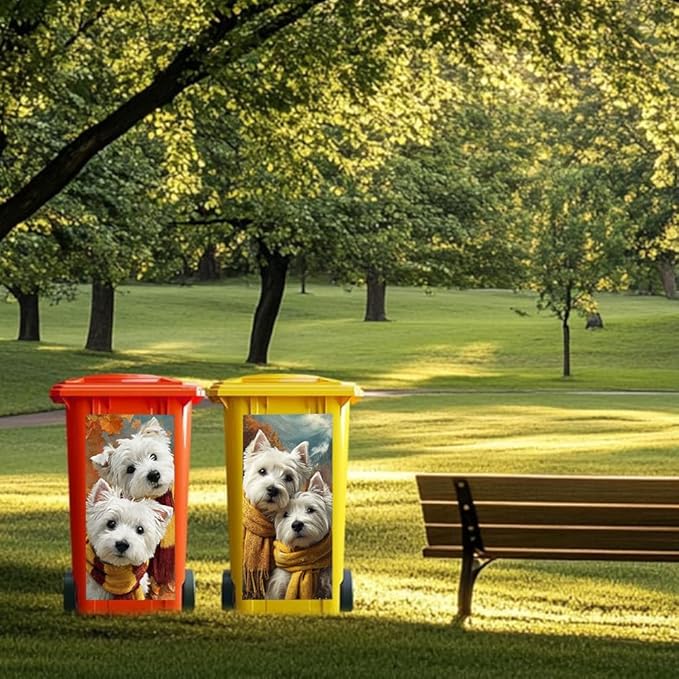 2PC Trash Can Sticker 14.57 x 32.28 Inch White Dog Design Autumn Scarf Theme Decorative Garbage Bin Cover Outdoor Trash Can Decal Art for Home Yard Garden Seasonal Decoration