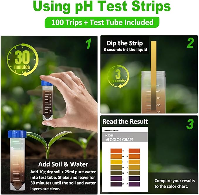 Soil Moisture Meter, Plant Water Monitor, Soil Hygrometer Included 200+ Plants Care Guide, 100 pH Test Strips & Sample Tube, Soil Water Gauge Meter for Garden, Lawn, No Battery Needed (Green)
