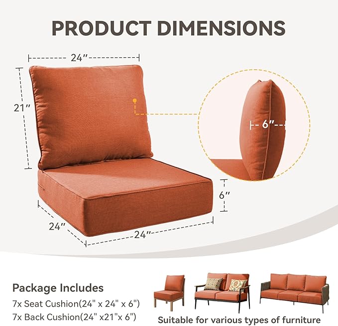 Outdoor Cushion Set for Furniture Patio Furniture, UV Resistant, Water Resistant - 6 Inch Thick Foam Garden Cushions– 24x24 Inch Patio Seat Covers for Chair/Sofa/Couch | Orange | 7-Pack |
