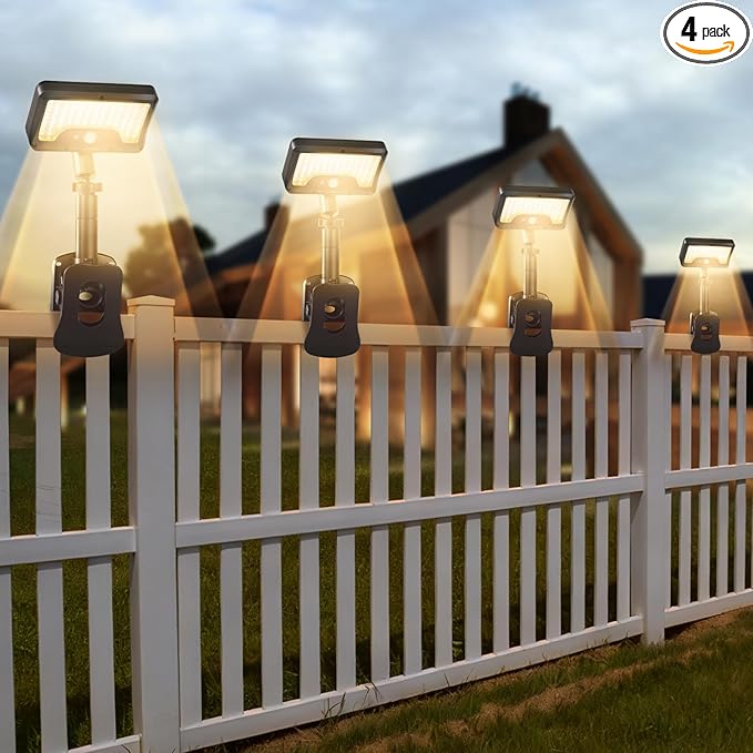 Clip On Solar Lights Outdoor with Motion Sensor, 360°Rotatable & Vertically Adjustable Solar Fence Lights with 92 LEDs (600 LM, 3000 K),IP65 waterproof Security light for deck, Gutter, Camping(4 Pack)