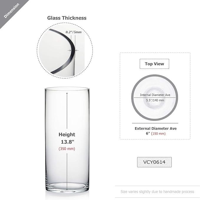 WGV Cylinder Vase Bulk, Width 6", Height 14", Clear Glass Container Terrarium Candle Holder for Wedding Centerpiece, Party Event, Home Decor, 6 Pieces