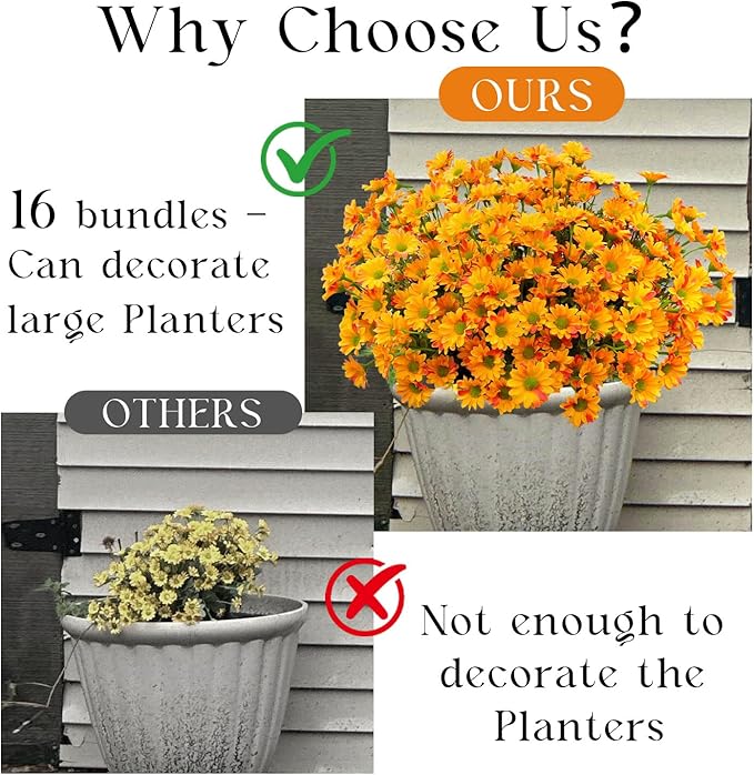 16 Bundles Silk Daisy Artificial Flowers for Outdoors UV Resistant Fake Daisies Plastic Plants Flower for Home Outside Front Door Porch Garden Patio Planters Decoration (Orange)