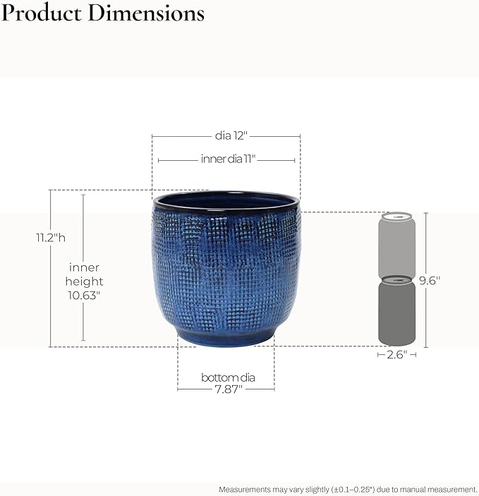 LuxenHome 12" Dia Round Ceramic Plant Pots, Modern Blue Glazed Large Planters Pot for Outdoor Plants with Drainage Hole and Rubber Plug, Decorative Indoor Flower Pots for Home Garden Patio