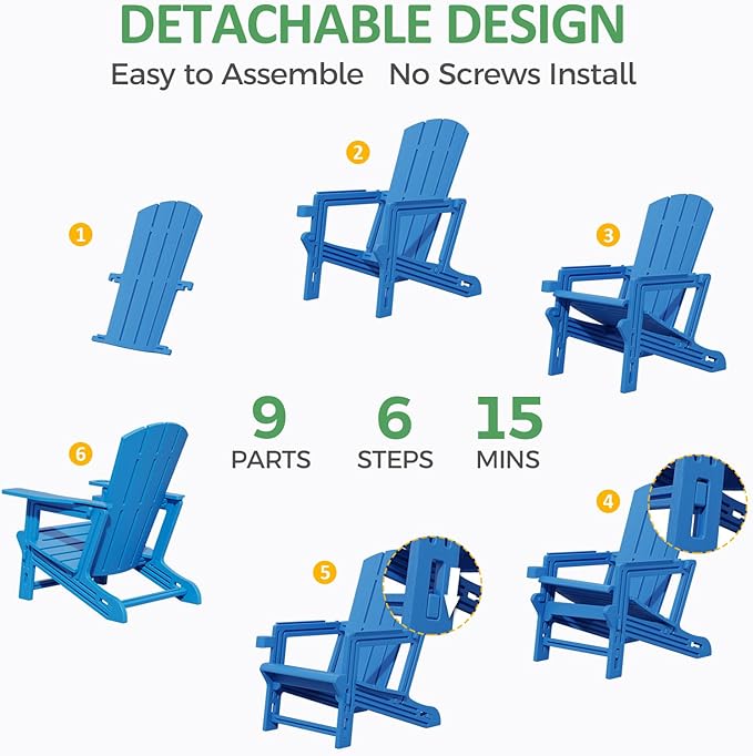 Adirondack Chair Set of 2, All Weather Plastic Adirondack Chairs, Fire Pit Chairs with Cup Holder, Outdoor Lawn Chair for Patio, Garden, Backyard, Klein Blue