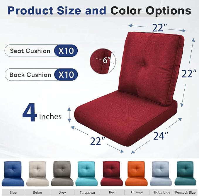Belord Luxury 4" Thick Outdoor Cushion 10 Set - 22 x24 Inch 28D Sponge Filling Fade-Resistant Chair Cushion, Spill Proof Removable Patio Furniture Replacement Cushions for Sofa Bench Swing - Red